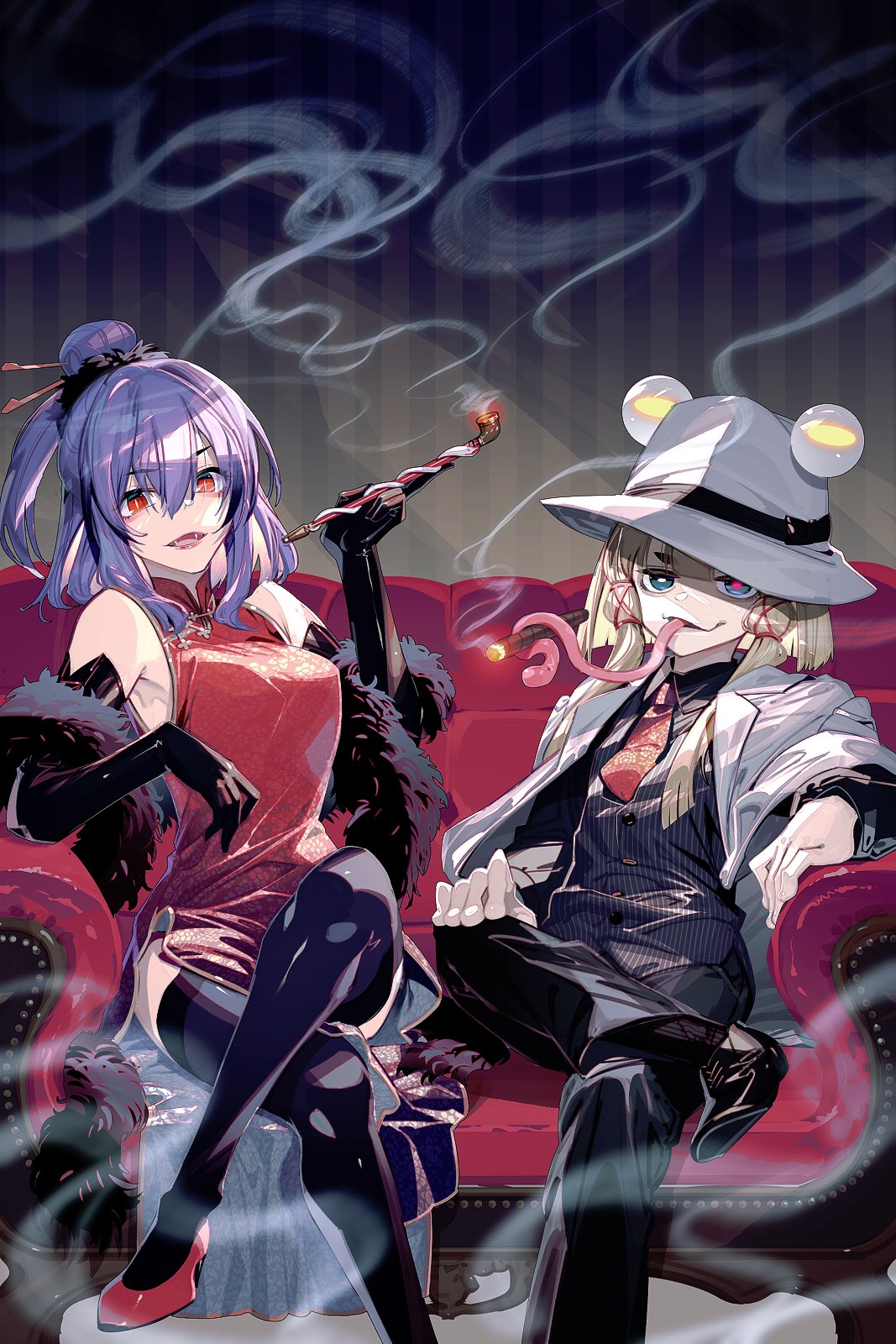 2girls black_footwear black_gloves black_thighhighs blonde_hair breasts china_dress chinese_clothes cigar commentary_request couch crossdressing crossed_legs dress elbow_gloves fangs feather_boa formal gangster gloves hair_ornament hairpin hat highres holding holding_cigar holding_smoking_pipe horizontal_pupils indoors jacket jacket_on_shoulders kiseru long_tongue looking_at_viewer moriya_suwako multiple_girls multiple_hairpins necktie pants pinstripe_pattern pinstripe_vest prehensile_tongue purple_hair red_dress red_eyes red_footwear sitting sleeveless sleeveless_dress slit_pupils smoking smoking_pipe striped striped_wall suit thighhighs tongue touhou very_long_tongue vest yasaka_kanako zounose