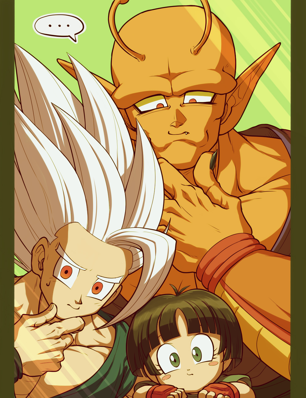 ... 1girl 2boys antennae black_hair black_nails black_wristband blunt_bangs blunt_ends blush_stickers closed_mouth collarbone colored_skin commentary_request dougi dragon_ball dragon_ball_super dragon_ball_super_super_hero expressionless eyelashes fang fang_out father_and_daughter fingernails gohan_beast green_background green_eyes hand_up highres koukyouji looking_at_viewer multiple_boys muscular muscular_male namekian orange_piccolo orange_skin pan_(dragon_ball) pectorals piccolo pillarboxed pointy_ears red_eyes short_hair simple_background son_gohan speech_bubble spiked_hair spoken_ellipsis sweatdrop upper_body white_hair wristband