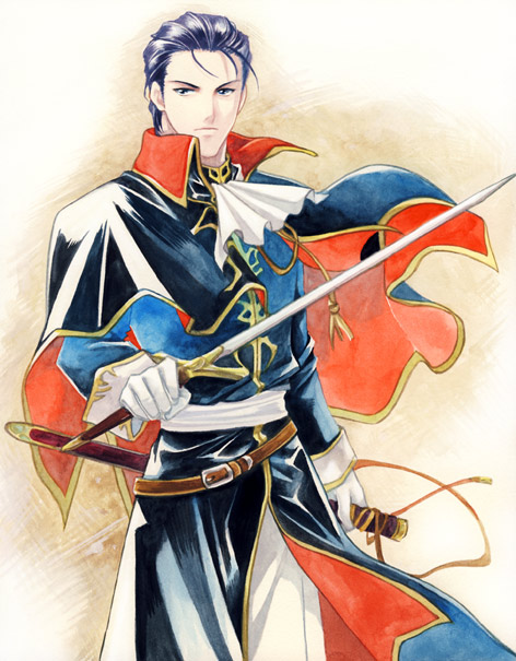 1boy agahari black_capelet black_coat black_eyes black_hair capelet coat fire_emblem fire_emblem:_thracia_776 gloves holding holding_sword holding_weapon pants reinhardt_(fire_emblem) solo sword two-tone_capelet weapon white_gloves white_pants