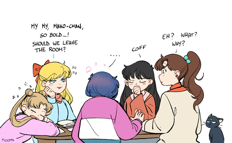 6+girls aino_minako bishoujo_senshi_sailor_moon black_hair blonde_hair blue_eyes blue_hair blush book brown_hair cat desk english_text hino_rei kino_makoto long_hair luna_(sailor_moon) mizuno_ami multiple_girls short_hair sleeping sweater ticcy tsukino_usagi