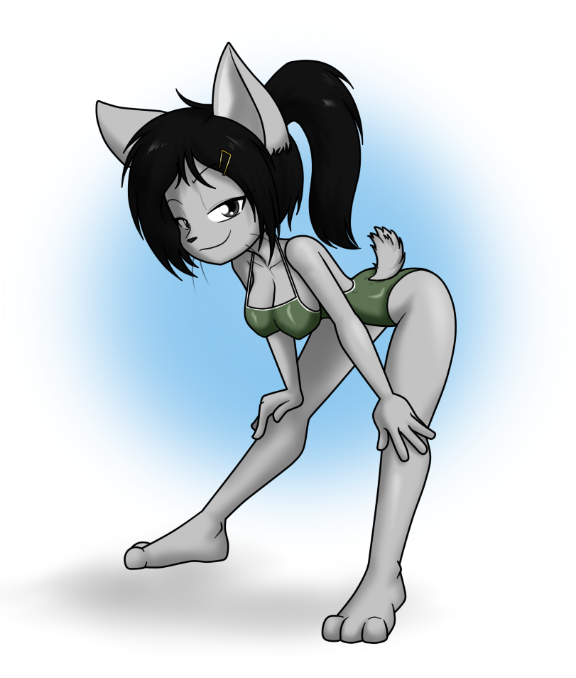 2023 3_toes 5_fingers anthro barefoot big_breasts black_hair breasts cleavage clothed clothing domestic_cat exposure_variation feet felid feline felis female fingers fur green_clothing green_swimwear grey_body grey_eyes grey_fur hair leaning leaning_forward looking_at_viewer mammal nipple_outline sandwich-anomaly simple_background solo swimwear toes vanessa_(sandwich-anomaly) whiskers