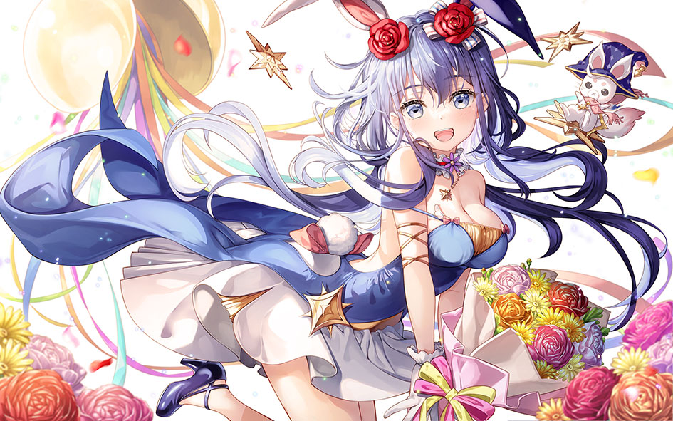 1girl :d animal_ears bare_shoulders blue_dress blue_eyes blue_footwear blue_hair blue_headwear bouquet breasts brown_rose cleavage commentary_request confetti_ball copyright_request dress flower fujima_takuya hair_between_eyes hair_flower hair_ornament hat high_heels holding holding_bouquet long_hair looking_at_viewer medium_breasts purple_flower purple_rose rabbit_ears red_flower red_rose rose shoes simple_background smile solo strapless strapless_dress streamers teeth upper_teeth_only very_long_hair virtual_youtuber white_background white_flower white_rose witch_hat