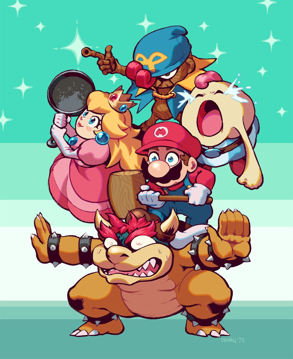 1girl 4boys aqua_eyes artist_name barefoot belt blonde_hair blue_headwear blush blush_stickers bowser bracelet brown_hair closed_eyes closed_mouth commentary crown dkirbyj dress earrings facial_hair frying_pan full_body geno_(mario) gloves hat highres holding holding_frying_pan holding_mallet horns jewelry long_hair long_sleeves mallet mallow_(mario) mario mario_(series) multiple_boys mustache nostrils open_mouth outstretched_arms overalls pink_dress princess_peach red_hair red_headwear sharp_teeth shirt shoes short_hair signature smile spiked_bracelet spikes standing super_mario_bros._1 super_mario_rpg sweat teeth thick_eyebrows tongue white_gloves