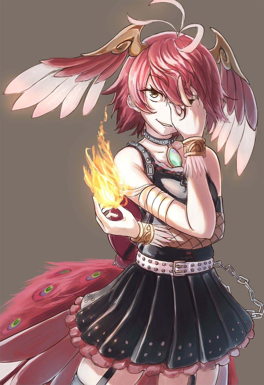 1girl bare_shoulders belt bird_girl bird_tail bird_wings feathered_wings fire grey_background head_wings highres jewelry kemono_friends kneehighs looking_at_viewer necklace okyao red_hair short_hair simple_background skirt sleeveless socks solo suzaku_(kemono_friends) tail tank_top wings yellow_eyes