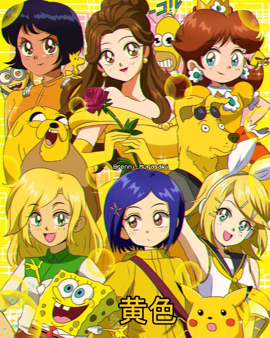 1990s_(style) 4boys 6+girls :d :o adventure_time alex_(totally_spies) angry_birds animification bare_shoulders beauty_and_the_beast belle_(disney) black_hair blonde_hair blue_eyes blue_hair bodysuit bojack_horseman_(series) brenni_murasaki brown_eyes brown_hair character_request chuck_(angry_birds) closed_mouth colored_skin copyright_request coraline coraline_jones crossover crown dark-skinned_female dark_skin despicable_me dress earrings flower flower_earrings furry furry_male green_eyes hair_ornament hairband hairclip highres homer_simpson jake_the_dog jewelry kagamine_rin lipstick makeup mario_(series) medium_hair meme minion_(despicable_me) mr._peanutbutter multiple_boys multiple_crossover multiple_girls open_mouth pikachu pokemon pokemon_(creature) princess_daisy puffy_short_sleeves puffy_sleeves retro_artstyle rose short_sleeves smile spongebob_squarepants spongebob_squarepants_(character) sunglasses surprised_pikachu_(meme) the_simpsons totally_spies vocaloid white_hairband yellow_bodysuit yellow_dress yellow_skin yellow_theme