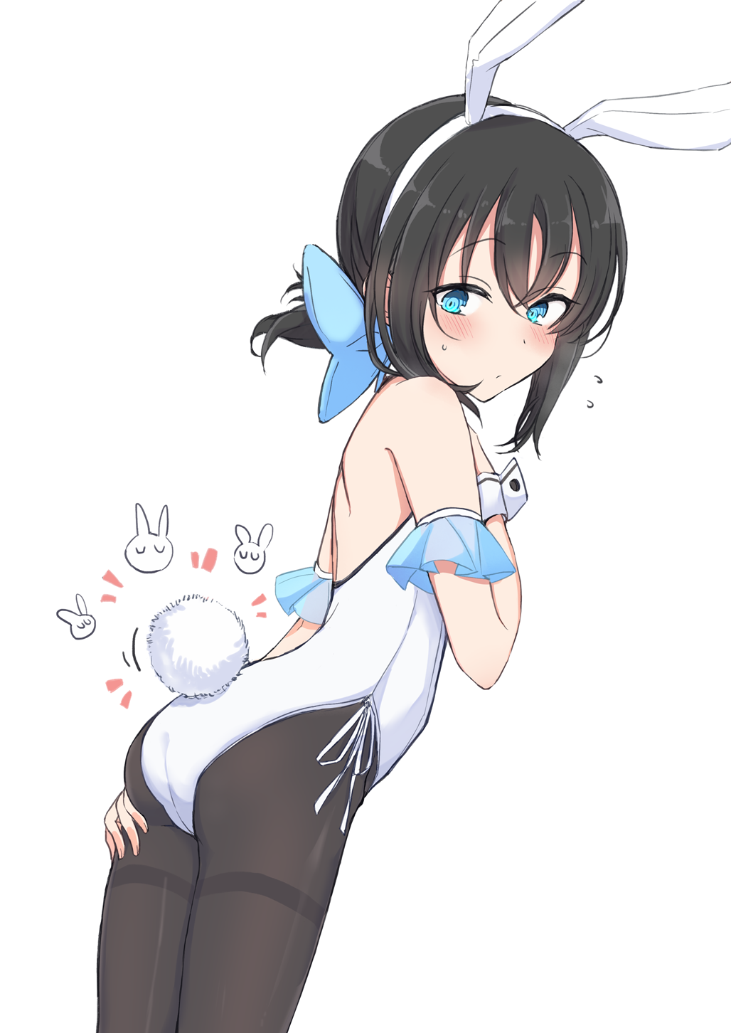 1girl animal_ears ass black_hair black_pantyhose blue_bow blue_eyes blush bow closed_mouth commentary_request cowboy_shot detached_sleeves fake_animal_ears fake_tail hair_between_eyes hair_bow highleg highleg_leotard highres leotard looking_at_viewer nonono_(mino) original pantyhose playboy_bunny rabbit_ears rabbit_tail short_hair short_sleeves side-tie_leotard simple_background solo strapless strapless_leotard tail thighband_pantyhose white_background white_leotard wrist_cuffs