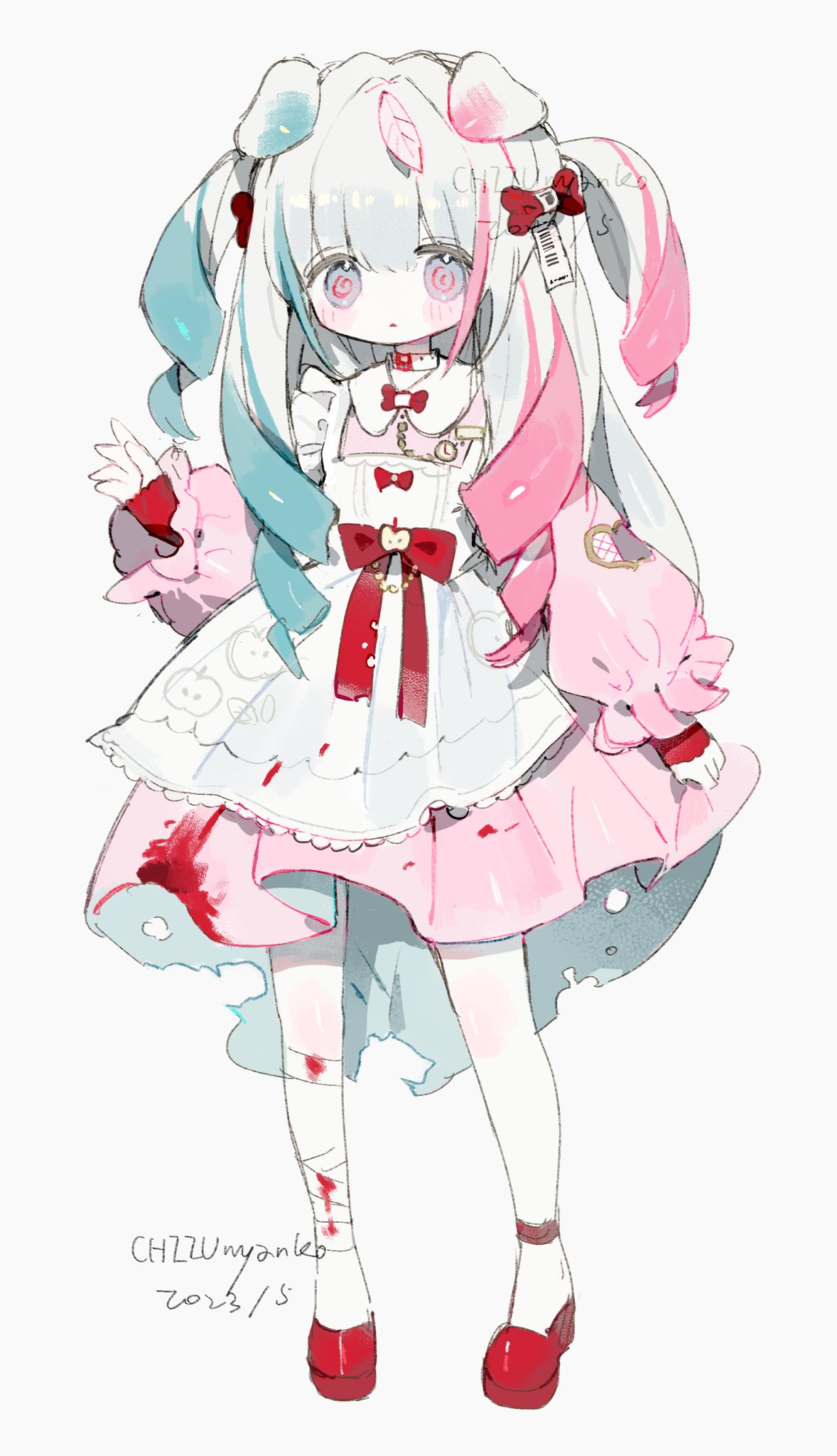 1girl @_@ animal_ears apron bandaged_leg bandages blood blood_on_bandages blood_on_clothes blue_eyes blush bow chizunyanko dog_ears dress drill_locks highres long_hair long_sleeves multicolored_hair original pink_dress puffy_long_sleeves puffy_sleeves red_bow red_footwear simple_background solo streaked_hair two_side_up white_apron white_background white_hair