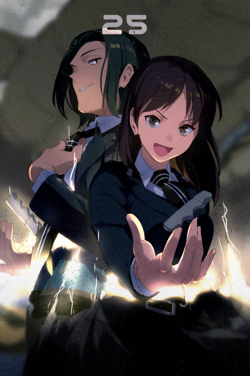 1boy 1girl adjusting_clothes adjusting_necktie azuma_haruaki azuma_squad's_uniform belt black_jacket black_pants black_skirt blurry border_operator_uniform_(world_trigger) breasts brown_eyes ceiling character_age commentary_request depth_of_field echo_(circa) electricity formal glowing green_hair hair_slicked_back jacket long_hair looking_at_viewer necktie outstretched_arm pants parted_bangs profile sawamura_kyouko short_hair skirt suit tossing transformation world_trigger