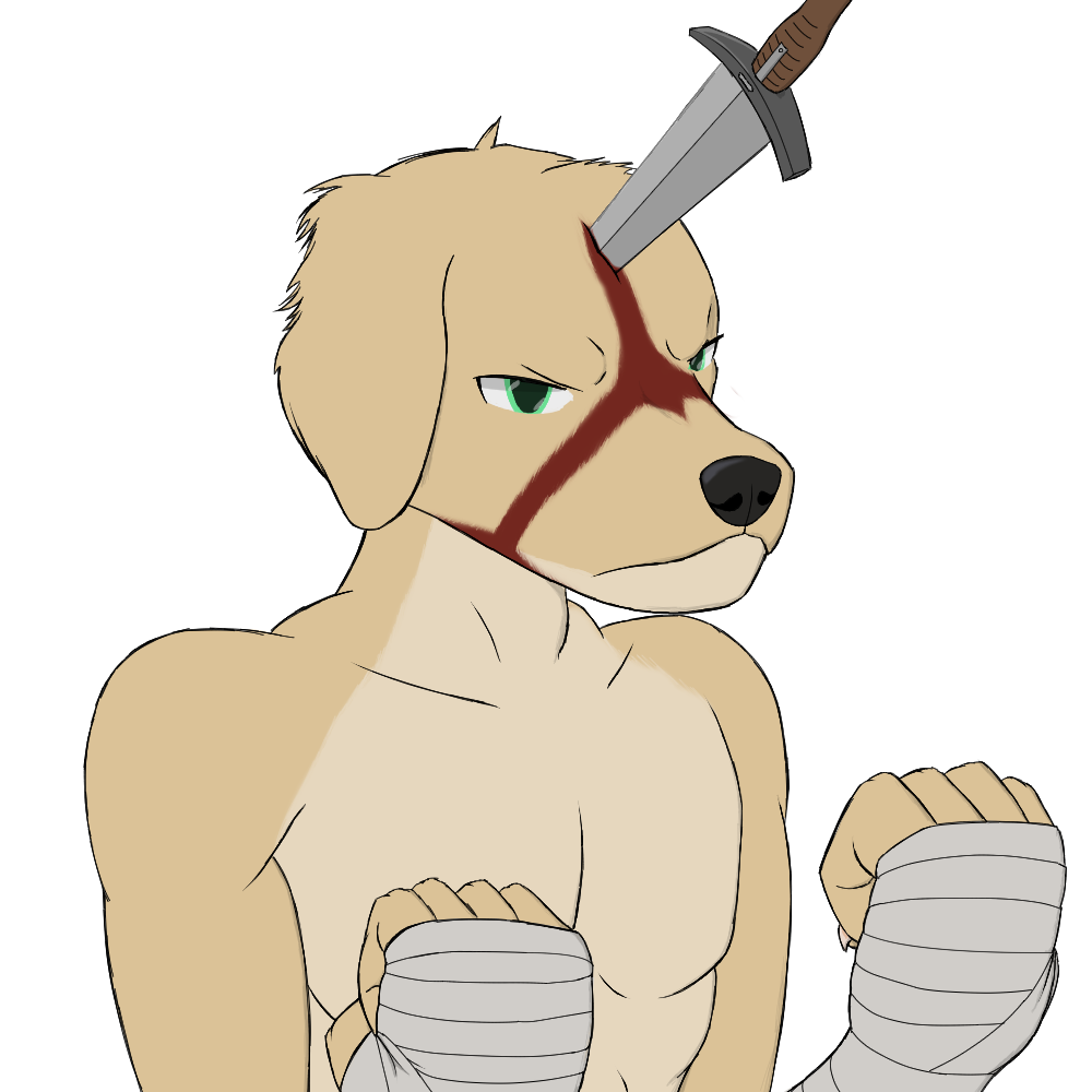 1:1 anthro bandaged_hand bird_dog blood bodily_fluids canid canine canis clothed clothing domestic_dog golden_retriever green_eyes head_injury hunting_dog male mammal melee_weapon muscular muscular_male retriever solo sword topless topless_male weapon xvii_(artist)