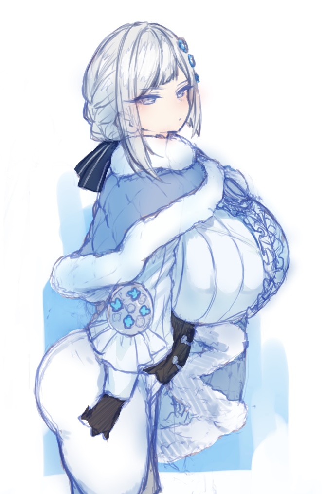 1girl akershus_fortress_(oshiro_project) ass black_gloves blue_cape blue_cloak blue_eyes bodysuit braid breasts cape center_frills cloak closed_mouth corset fluff frills fur-trimmed_cape fur-trimmed_cloak fur_trim futeiki_kaisai_shin_corner gloves grey_hair hair_ornament huge_breasts impossible_clothes oshiro_project oshiro_project_re padded_cloak pants short_hair solo tight_clothes tight_pants tsurime white_bodysuit