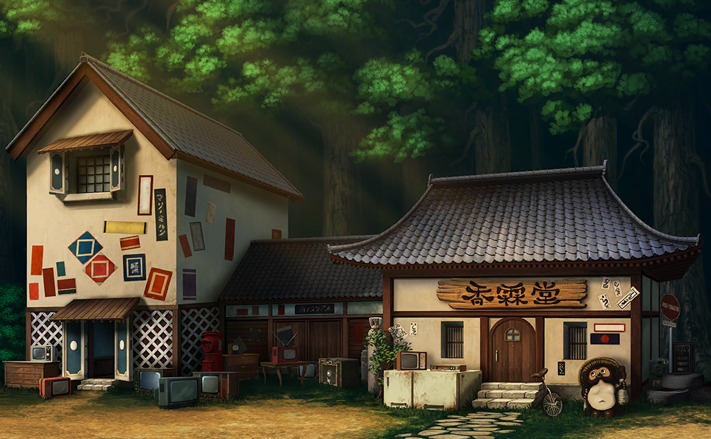 architecture cobblestone dirt door east_asian_architecture fire_hydrant forest game_cg justinas_vitkus kourindou landscape leaf nature no_humans official_art outdoors path poster_(object) radio sign stairs stone_stairs sunlight television third-party_source touhou touhou_cannonball tree unicycle window