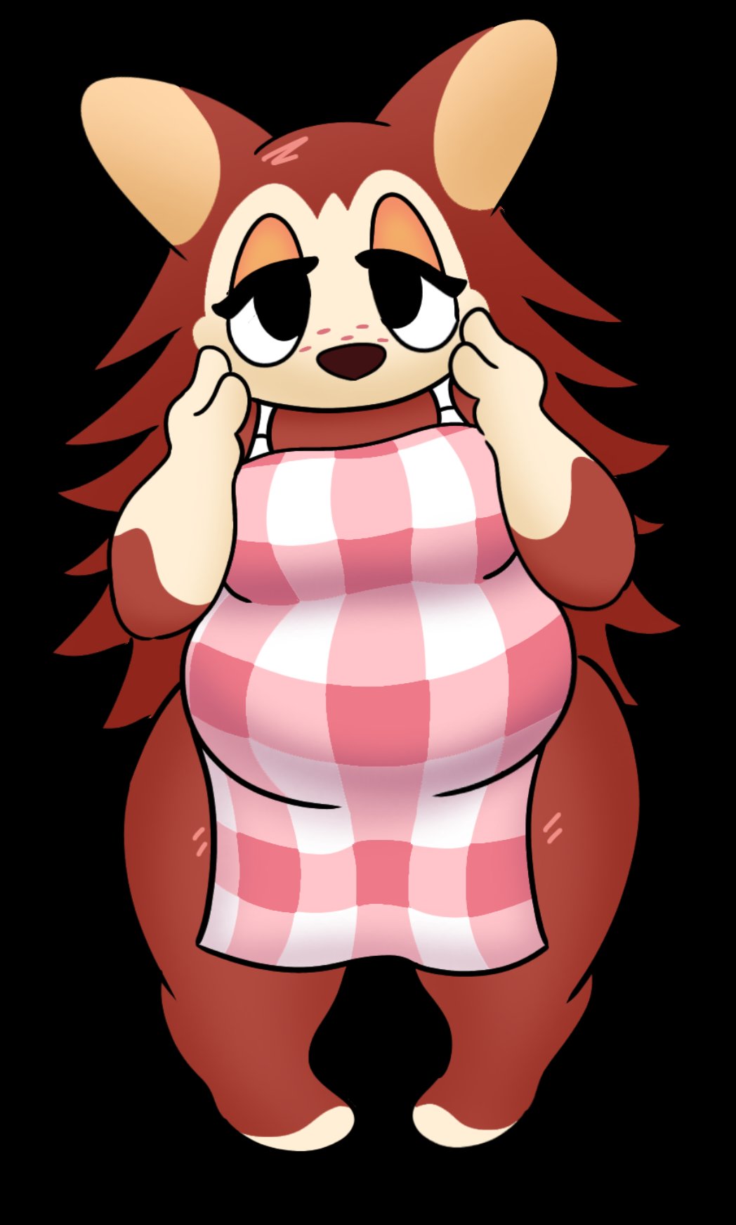 alpha_channel animal_crossing anthro apron apron_only belly big_belly big_breasts big_eyes biped breasts brown_body brown_fur brown_nose clothing dasticil eulipotyphlan featureless_feet female freckles front_view full-length_portrait fur half-closed_eyes hand_on_face hedgehog hi_res looking_at_viewer mammal narrowed_eyes nintendo overweight overweight_anthro overweight_female portrait sable_able simple_background snout solo standing thick_thighs transparent_background wide_hips