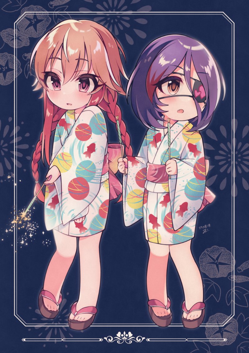 2girls animal_print bare_legs blush brown_eyes commentary_request dark_background eyepatch fang fish_print hair_between_eyes hands_up hayasaka_mirei heart heart_print holding_fireworks idolmaster idolmaster_cinderella_girls japanese_clothes kimono light_brown_hair light_smile long_hair long_sleeves looking_down looking_to_the_side multicolored_hair multiple_girls ninomiya_asuka open_mouth pink_sash print_kimono purple_eyes purple_hair red_hair sandals sash short_hair sidelocks sparks two-tone_hair white_kimono yukata zy_jomi