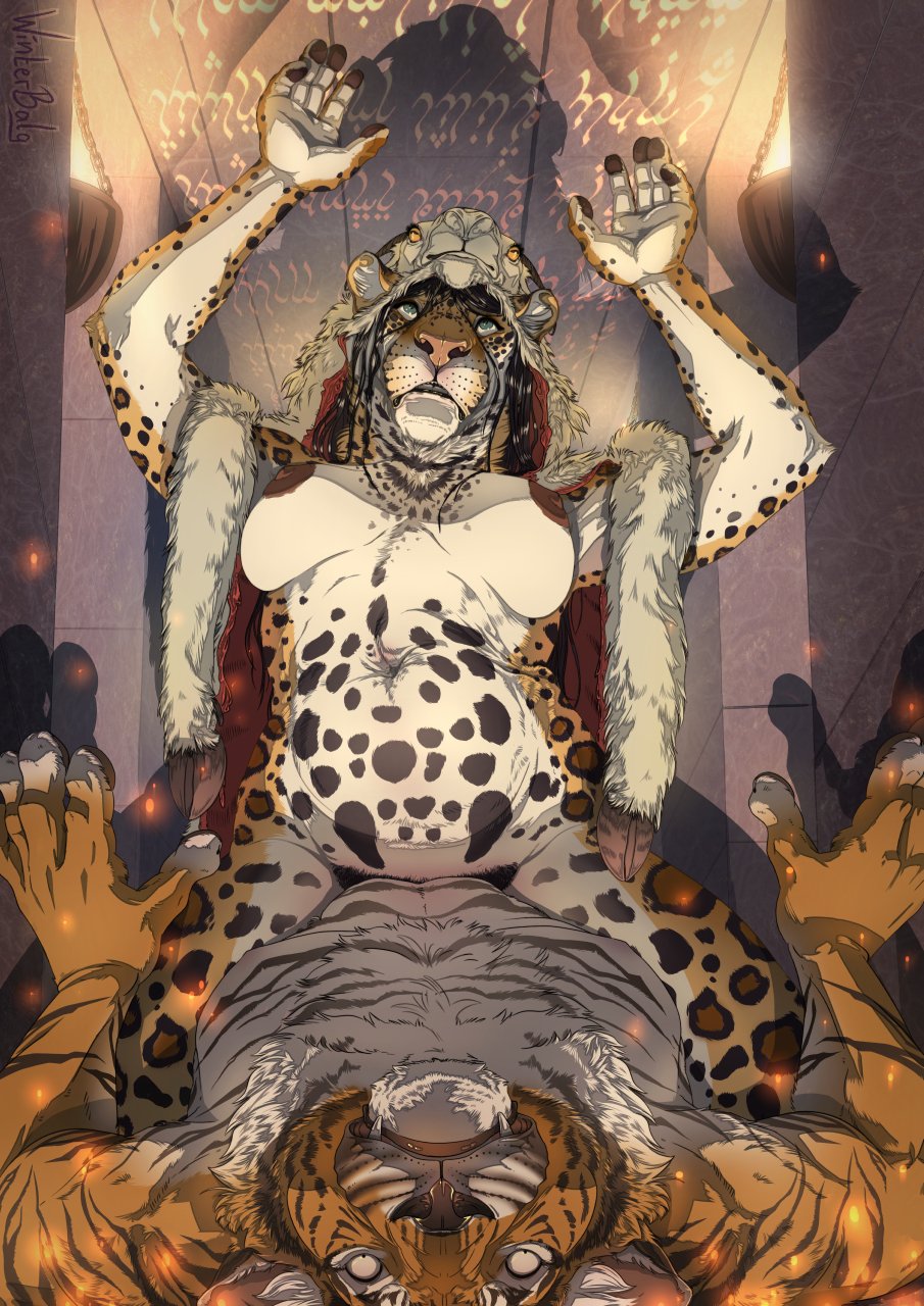 2023 animal_skin anthro blue_eyes breasts cowgirl_position digital_media_(artwork) duo felid female female_on_top fingerpads from_front_position hi_res leopard magic male male/female mammal nipples on_bottom on_top pantherine pawpads runes scared sex tiger winterbalg