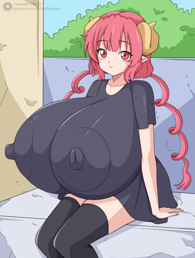 animal_humanoid areola big_areola big_breasts big_nipples breasts dragon dragon_humanoid female horn huge_areola huge_breasts humanoid humanoid_pointy_ears hyper hyper_breasts ilulu miss_kobayashi's_dragon_maid nipple_outline nipples sitting solo toshisoart twintails_(hairstyle)