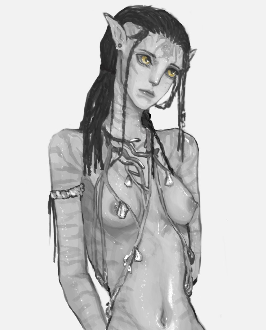 alien alien_humanoid anthro breasts cheesemint01 female hair humanoid james_cameron's_avatar mammal monochrome na'vi nipples nude simple_background solo striped_body stripes