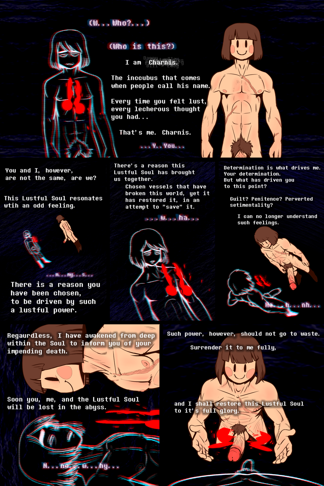 alternate_universe big_penis blush chara_(undertale) clothing comic demon duo dying first_person_view floating footwear footwear_only frisk_(undertale) frisky_(under(her)tail) genitals half-erect hi_res human male mammal mostly_nude outline penis scar shoes shoes_only smile soul text thewill under(her)tail undertale undertale_(series) white_outline