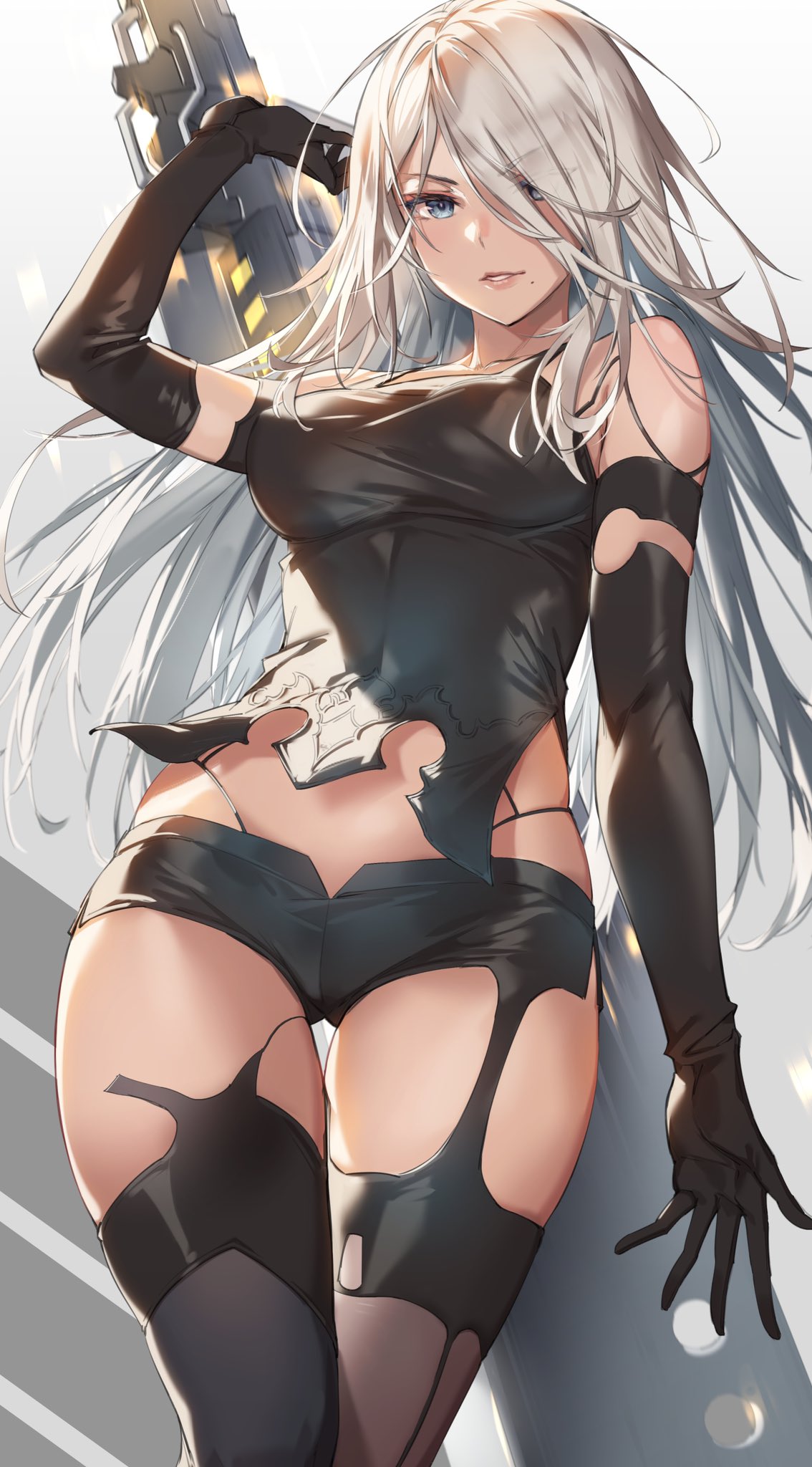 1girl a2_(nier:automata) asymmetrical_legwear black_gloves black_shirt black_shorts black_thighhighs blue_eyes breasts brown_thighhighs commentary_request elbow_gloves gloves goddess_of_victory:_nikke hair_over_one_eye highres lips long_hair looking_at_viewer medium_breasts michairu mismatched_legwear mole mole_under_mouth nier:automata nier_(series) shirt short_shorts shorts solo standing thighhighs white_hair