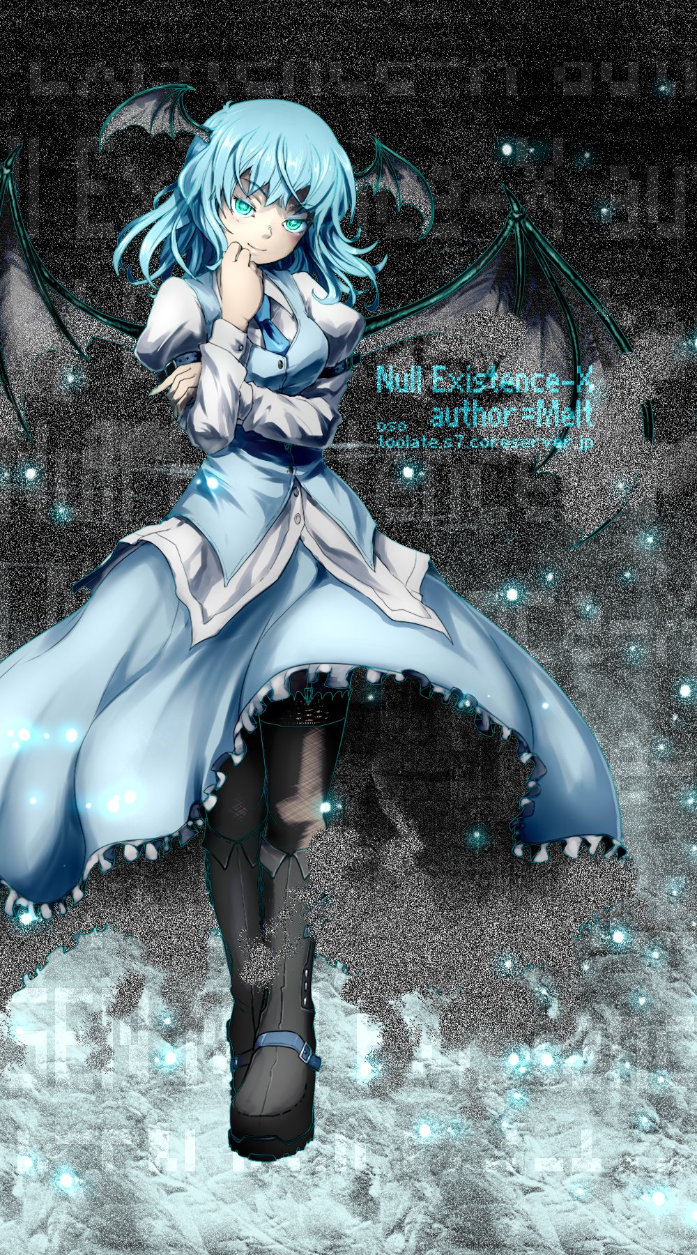 1girl aqua_eyes aqua_hair artist_name bat_wings black_footwear boots breasts character_request closed_mouth dress frilled_dress frills full_body head_wings highres juliet_sleeves long_sleeves looking_at_viewer m.u.g.e.n medium_breasts oso_(toolate) puffy_sleeves simple_background solo web_address wings