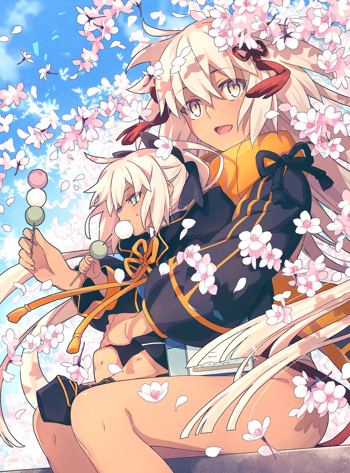 2girls ahoge black_jacket breasts cropped_jacket dark-skinned_female dark_skin fate/grand_order fate_(series) grey_eyes highres jacket koha-ace long_hair long_sleeves looking_at_viewer multiple_girls okita_souji_(fate) okita_souji_alter_(fate) okita_souji_alter_(swimsuit_saber)_(fate) okita_souji_alter_(swimsuit_saber)_(first_ascension)_(fate) orange_scarf rengoku_(fate) rengoku_(first_ascension)_(fate) saipaco scarf shrug_(clothing) smile very_long_hair white_hair