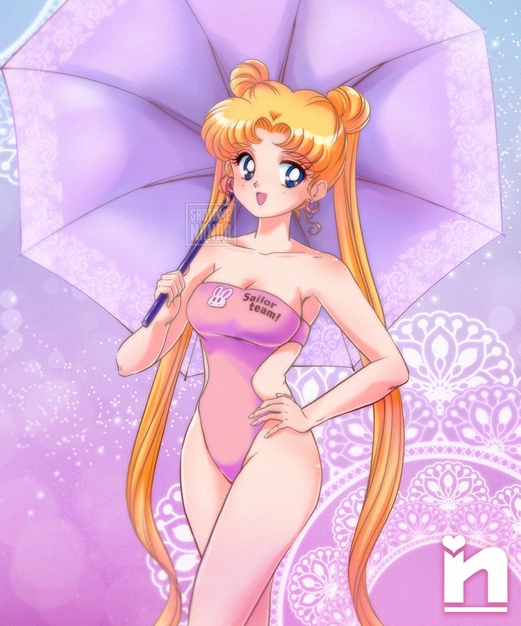 1girl bishoujo_senshi_sailor_moon blonde_hair blue_eyes breasts cleavage double_bun earrings hair_bun hand_on_own_hip jewelry leotard long_hair medium_breasts one-piece_swimsuit parted_bangs pink_one-piece_swimsuit saotome_nanda smile solo stud_earrings swimsuit tsukino_usagi twintails umbrella very_long_hair