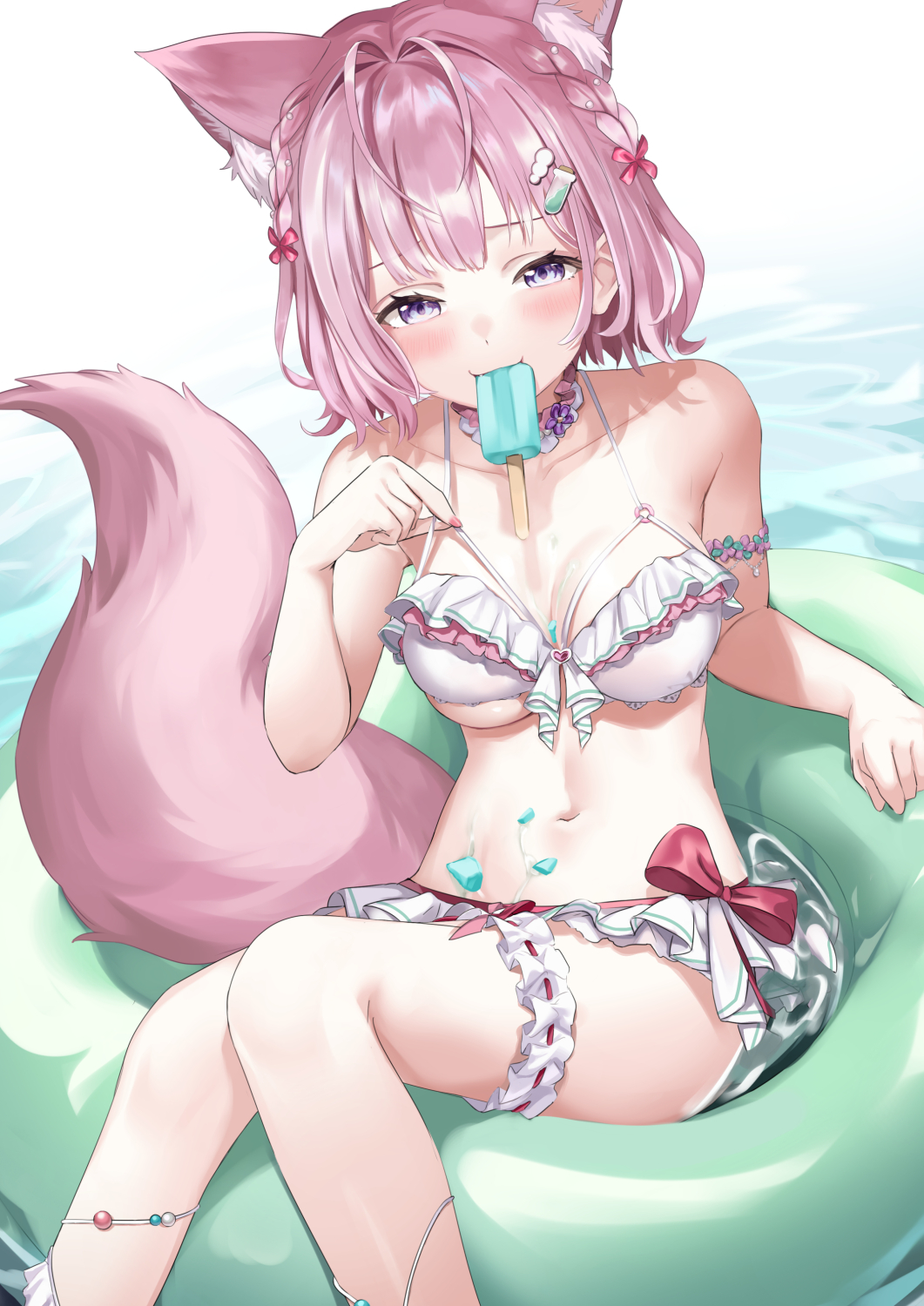 1girl animal_ear_fluff animal_ears antenna_hair arou_(arrow_x666) bare_shoulders bikini blush breasts cleavage collarbone commentary fingernails food food_in_mouth food_on_body frilled_bikini frills hakui_koyori hakui_koyori_(3rd_costume) highres hololive large_breasts looking_at_viewer medium_hair mouth_hold nail_polish navel pink_hair pink_nails popsicle purple_eyes smile solo stomach swimsuit tail test_tube_hair_ornament thighs virtual_youtuber white_bikini wolf_ears wolf_girl wolf_tail