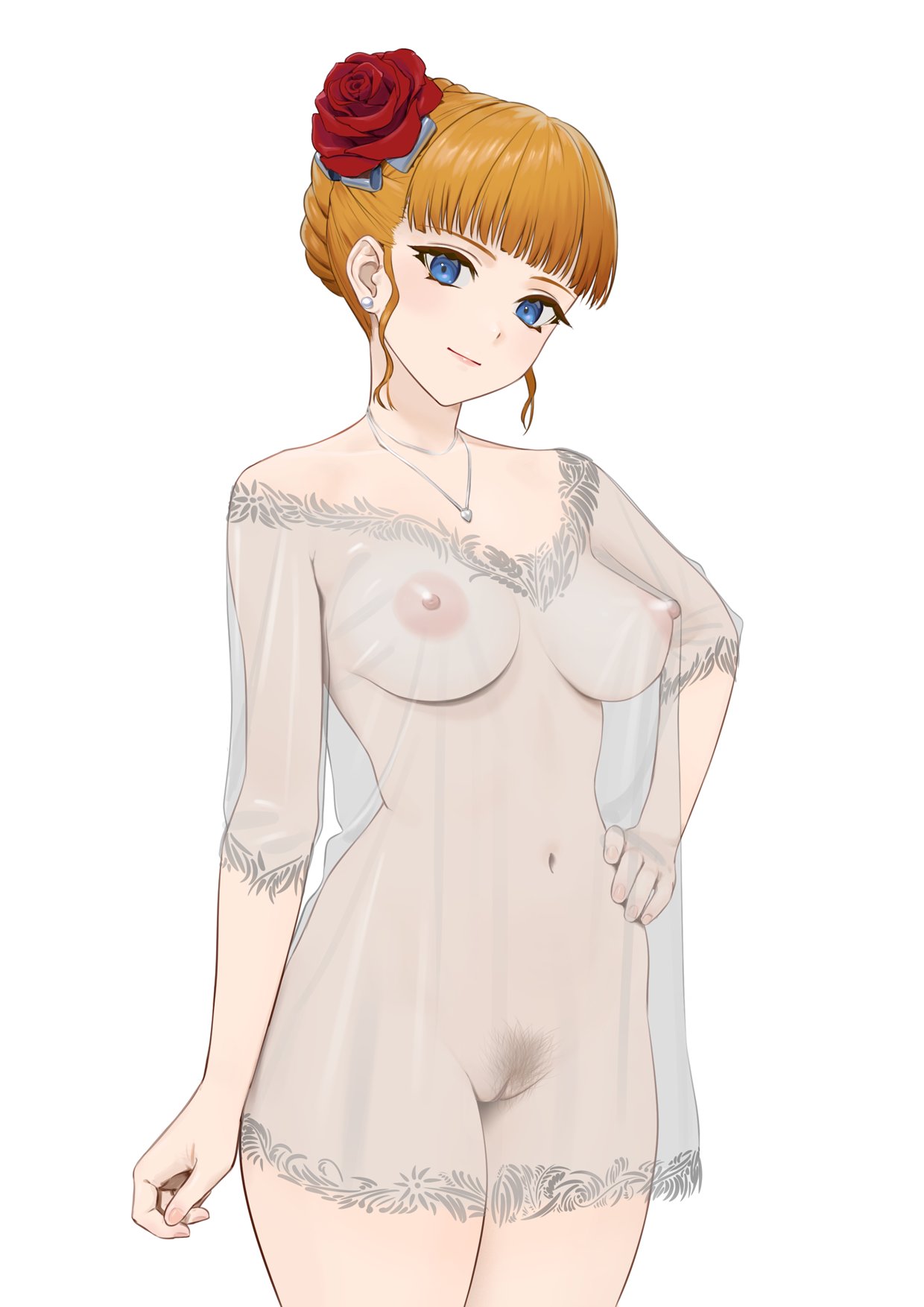 1girl arm_at_side beatrice_(umineko) blonde_hair blue_eyes braid breasts carlo_montie closed_mouth commentary commission covered_nipples cowboy_shot earrings english_commentary female_pubic_hair flower hair_flower hair_ornament hand_on_own_hip head_tilt highres jewelry large_breasts light_blush light_smile navel necklace nightgown pubic_hair pussy red_flower red_rose rose see-through sidelocks simple_background single_earring sleepwear solo umineko_no_naku_koro_ni white_background