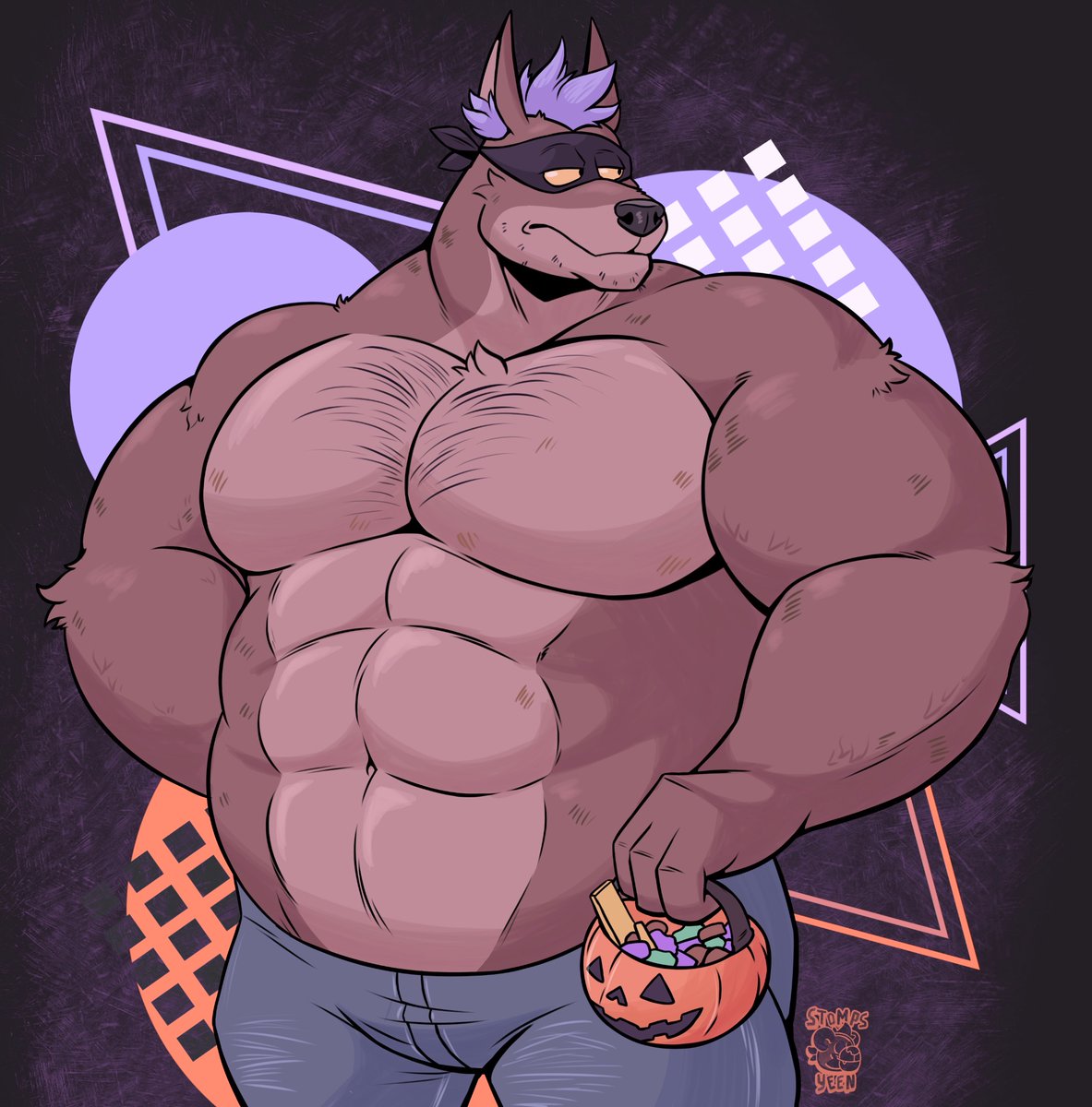2023 abs abstract_background anthro biceps big_muscles bottomwear candy canid canine clothed clothing denim denim_bottomwear denim_clothing dessert food fox frown fur hair halloween hi_res holding_object holidays huge_muscles jack-o'-lantern jeans male mammal mask muscular muscular_anthro muscular_male narrowed_eyes navel pants pecs simple_background solo standing stompsthecroc topless topless_anthro topless_male trick_or_treat tuft watermark
