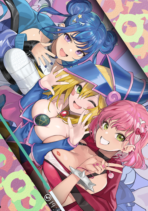 3girls blue_eyes blue_hair breasts cleavage dark_magician_girl duel_monster evil_twin_ki-sikil evil_twin_lil-la green_eyes jacket ki-sikil_(yu-gi-oh!) large_breasts lil-la_(yu-gi-oh!) long_hair looking_at_viewer multiple_girls official_alternate_costume open_mouth pink_hair short_hair smile yappen yu-gi-oh!
