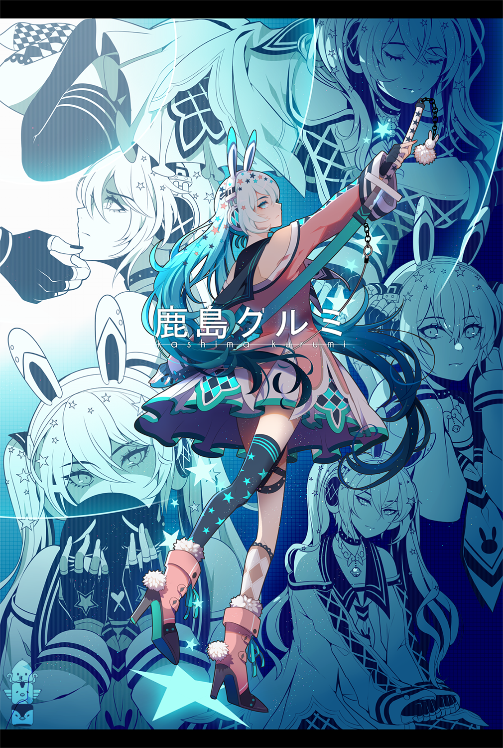 1girl animal_ear_headphones animal_ears argyle asymmetrical_legwear bell belt black_belt black_border black_gloves black_sailor_collar black_thighhighs blue_background blue_eyes blue_hair blue_theme boots border chain character_name choker clenched_hands closed_eyes closed_mouth collaboration collared_dress commission detached_collar dress english_commentary eyelashes fake_animal_ears fingerless_gloves from_side frown full_body fur_trim gloves grabbing_another's_chin gradient_hair hair_ornament hand_on_another's_chin hands_on_lap headphones hen-tie high_heel_boots high_heels highres holding holding_mask holding_sword holding_weapon jingle_bell kanlamari katana kneehighs lace-trimmed_socks leg_up long_hair long_sleeves mask miniskirt multicolored_hair off-shoulder_dress off_shoulder original pink_dress pink_footwear pleated_skirt rabbit_ears rabbit_mask rabbit_tail sailor_collar sheath shirodoodoos short_dress single_kneehigh single_sock single_thighhigh sitting sketch skirt smile socks spiked_choker spikes star_(symbol) star_hair_ornament star_print sword tail thigh_belt thigh_strap thighhighs tsurime twintails two-tone_hair unsheathing weapon white_hair white_headphones white_skirt white_socks wide_sleeves