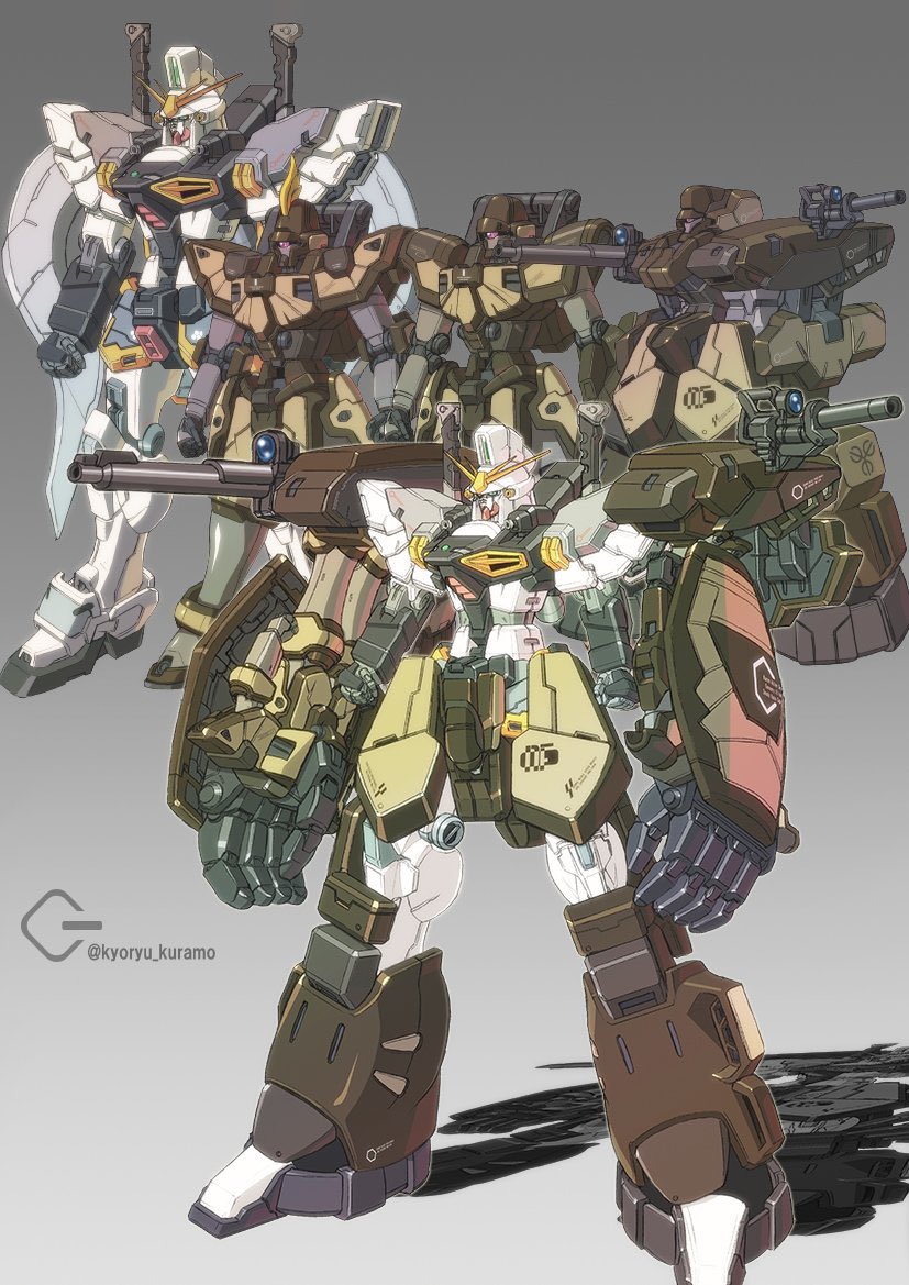 arm_shield armor arms_at_sides beam_cannon clenched_hands commentary_request fusion green_eyes grey_background gundam gundam_sandrock gundam_wing kuramochi_kyouryuu looking_ahead maganac mecha mobile_suit no_humans one-eyed purple_eyes redesign robot science_fiction shotel shoulder_cannon standing sword twitter_username v-fin weapon