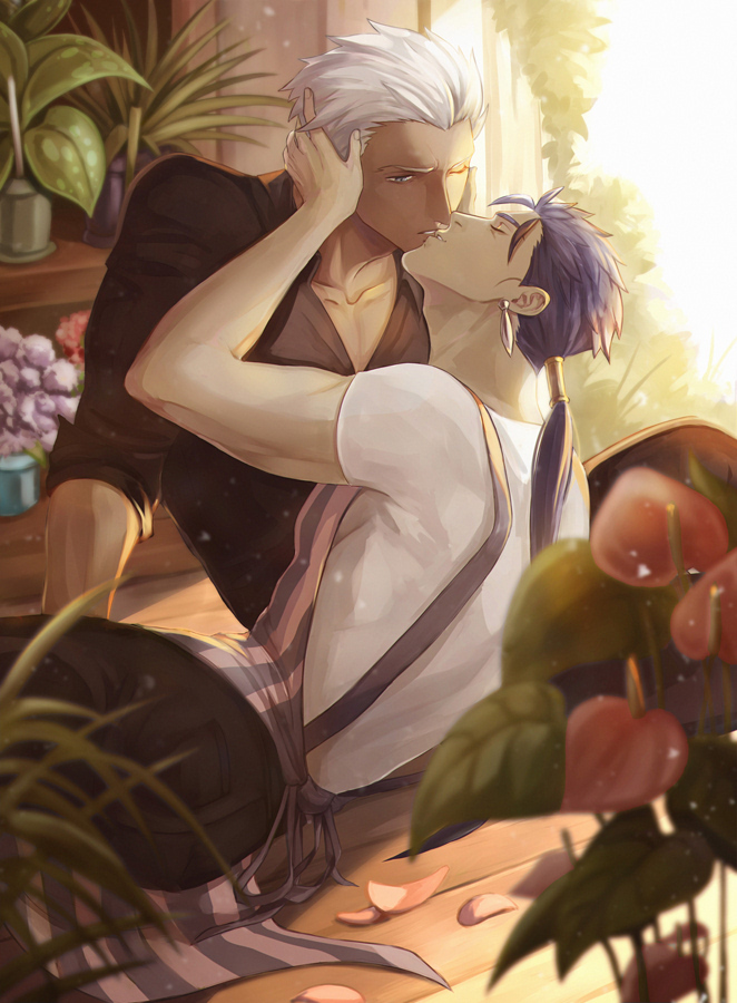 2boys apron archer_(fate) black_shirt blue_hair collarbone cu_chulainn_(fate) earrings english_commentary fate_(series) flower_request gravesecrets hand_on_another's_face jewelry kiss leaf light_particles long_hair male_focus multiple_boys petals plant ponytail potted_plant shirt short_hair sitting striped striped_apron vertical-striped_apron vertical_stripes white_hair white_shirt wooden_floor yaoi