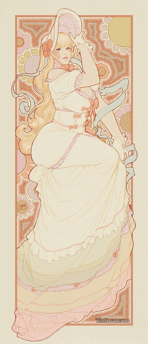 1girl art_nouveau artist_name blonde_hair blunt_bangs bonnet bow breasts chin_strap cleavage dress floral_background flower frills gloves hand_on_headwear hat hat_flower heart heart_on_cheek highres large_breasts layered_dress light_smile lips long_dress long_hair off-shoulder_dress off_shoulder original sitting solo the_insaneum white_dress