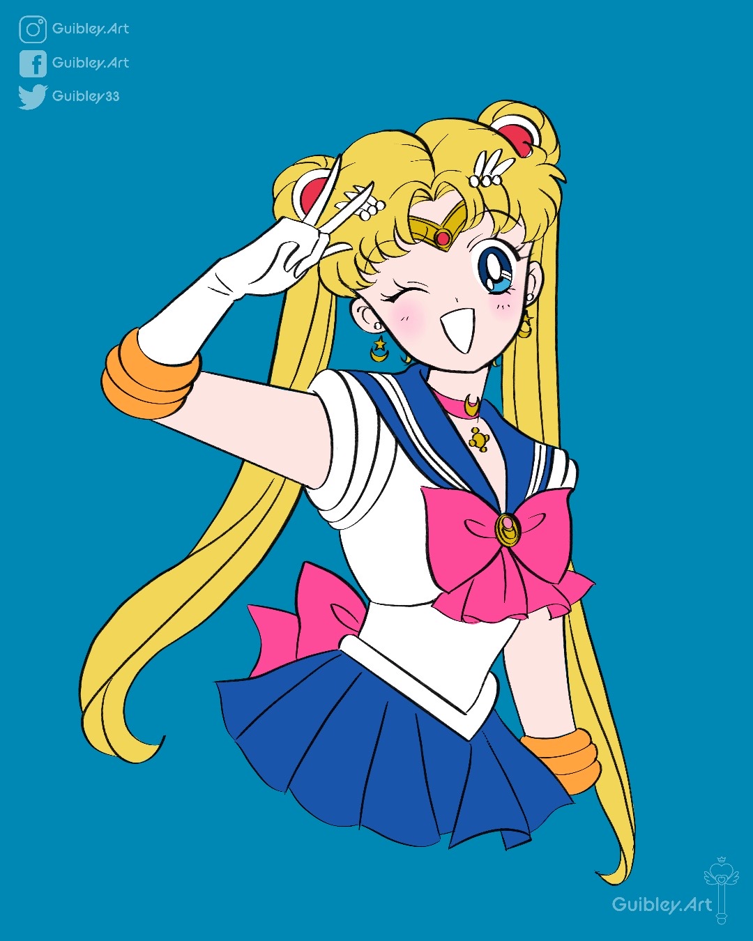 1girl artist_logo bishoujo_senshi_sailor_moon blonde_hair blue_background blue_eyes blue_sailor_collar blue_skirt bow bowtie choker commentary crescent double_bun earrings english_commentary facebook_username gloves guibley33 hair_bun hair_ornament highres instagram_username jewelry long_hair looking_at_viewer magical_girl one_eye_closed pink_bow pink_bowtie sailor_collar sailor_moon sailor_senshi_uniform simple_background skirt solo tiara tsukino_usagi twintails twitter_username v white_gloves