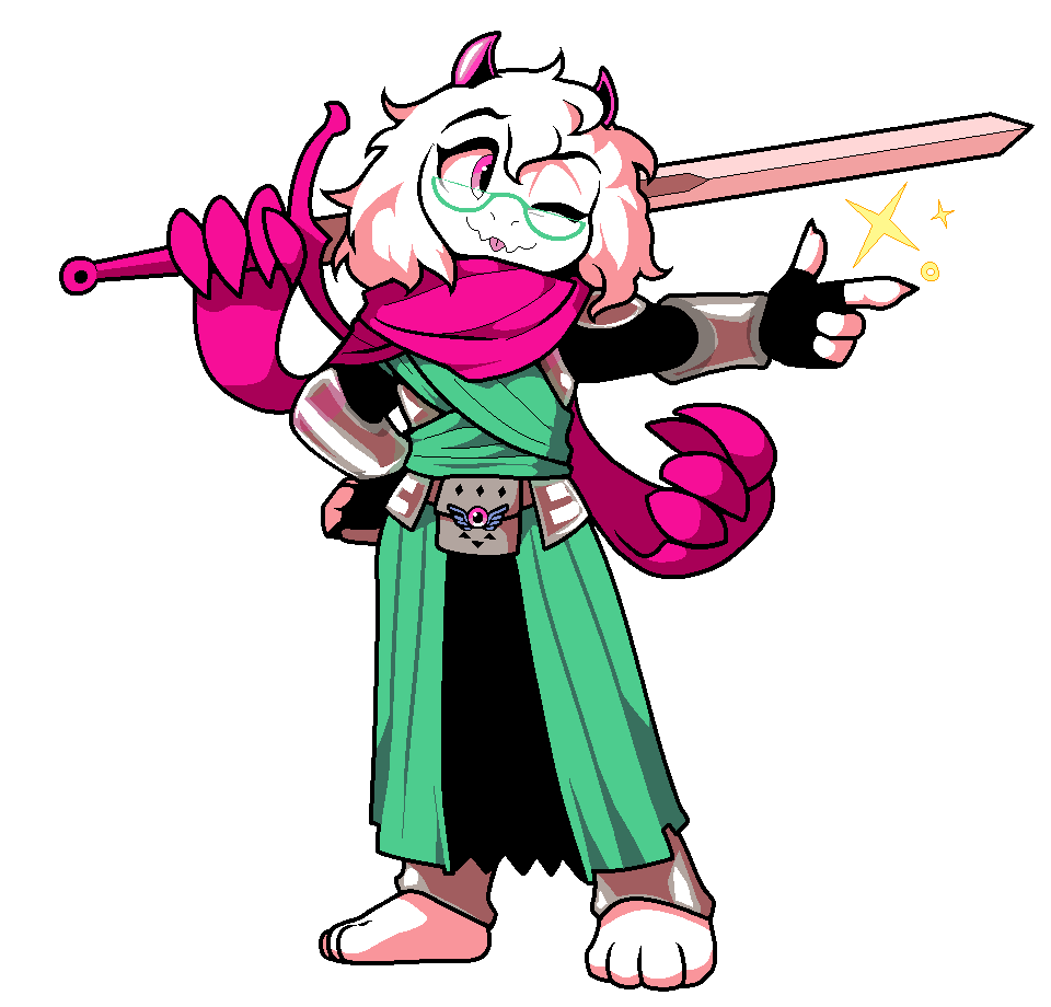 1boy barefoot bracer deltarune discommunicator dungeons_and_dragons fingerless_gloves full_body furry glasses gloves goat_boy hand_on_own_hip holding holding_sword holding_weapon pink_eyes pink_horns pink_scarf pointing ralsei scarf sparkle standing sword tongue tongue_out weapon