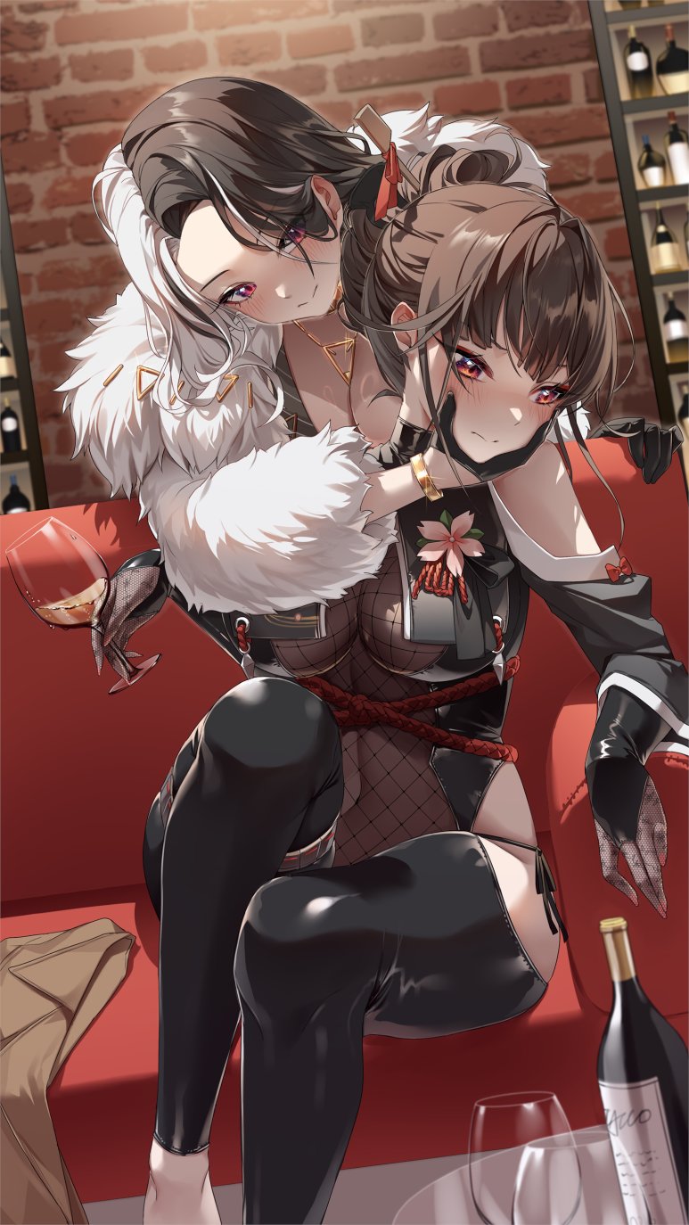 2girls alcohol bare_shoulders black_gloves black_hair blush bodystocking bottle breast_curtains breasts brick_wall bridal_gauntlets brown_coat brown_hair cleavage closed_mouth clothing_cutout coat coat_removed commentary couch covered_navel cup drinking_glass fishnet_top fishnets fur_coat gloves goddess_of_victory:_nikke gold_choker hair_intakes hair_ornament hair_stick half_gloves hand_on_another's_chin highres hip_vent holding holding_cup indoors japanese_clothes jewelry large_breasts long_hair long_sleeves looking_at_another looking_down multicolored_hair multiple_girls official_alternate_costume on_couch panties panty_peek parted_hair pinstripe_pattern red_eyes rosanna_(nikke) sakura_(midnight_stealth)_(nikke) sakura_(nikke) see-through_cleavage shadow shirt shoulder_cutout side-tie_panties sidelocks sitting smile split-color_hair standing string_panties striped striped_shirt table tacco_(tikeworld) underwear vertical-striped_shirt vertical_stripes white_hair wine wine_bottle wine_glass yuri