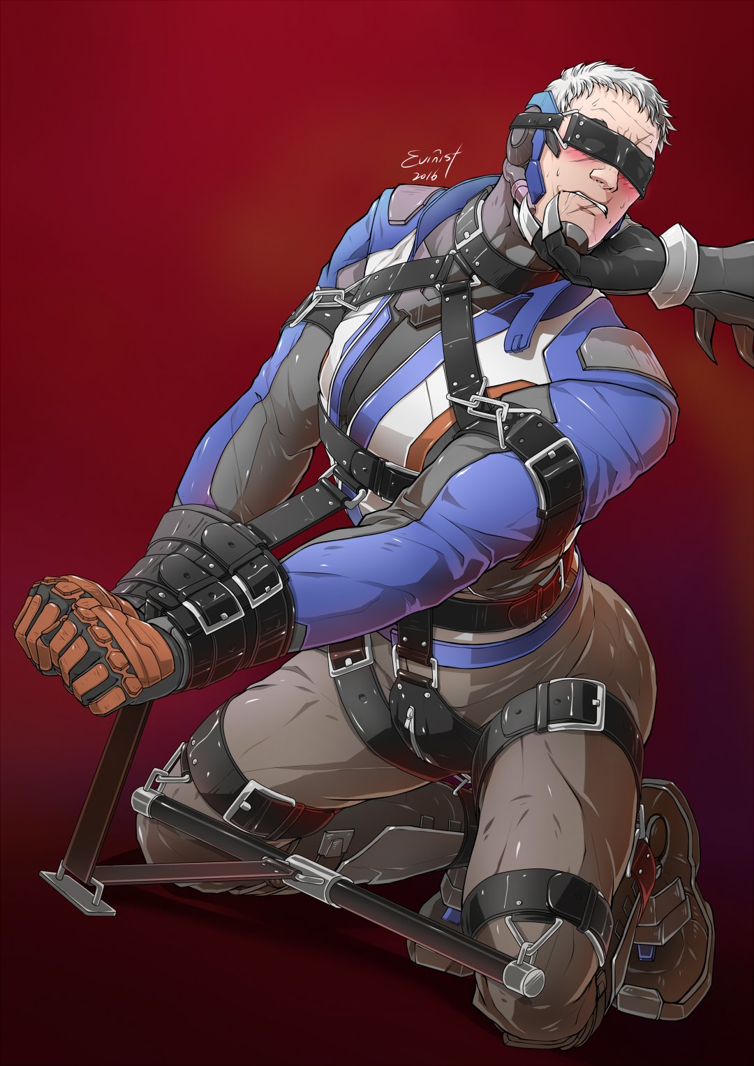 2boys artist_name bara black_gloves black_jacket black_shirt blue_jacket blush boots bound bound_ankles bound_legs bound_wrists brown_pants covered_eyes evinist gloves gradient_background highres jacket kneeling large_pectorals male_focus multicolored_clothes multicolored_jacket multiple_boys muscular muscular_male overwatch overwatch_1 pants pectorals reaper_(overwatch) red_gloves red_jacket restrained shibari shirt short_hair simple_background soldier:_76_(overwatch) solo_focus two-tone_gloves white_hair white_jacket yaoi