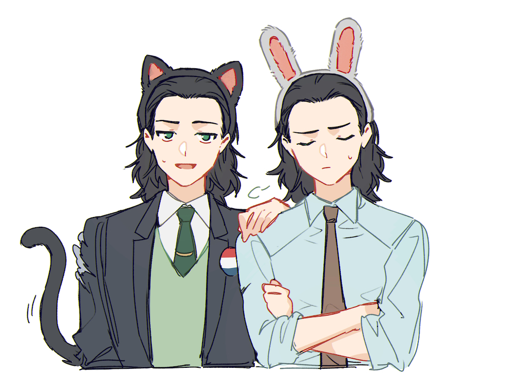 2boys animal_ears animification badge black_hair black_jacket blue_shirt brown_necktie button_badge cat_ears cat_tail closed_eyes closed_mouth collared_shirt commentary crossed_arms dual_persona fake_animal_ears fake_tail forehead green_eyes green_necktie green_vest half-closed_eyes hand_on_another's_shoulder hand_up jacket jitome lapels loki_(disney+) loki_(marvel) long_sleeves looking_at_viewer looking_to_the_side male_focus marvel marvel_cinematic_universe medium_hair multiple_boys murdermuffinloki necktie open_clothes open_jacket open_mouth rabbit_ears sanpaku shirt side-by-side simple_background sleeves_past_elbows smile standing sweatdrop symbol-only_commentary tail tie_clip tongue torn_clothes upper_body vest white_background white_shirt