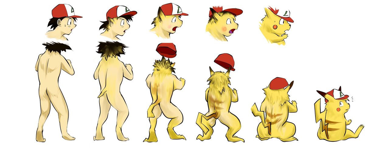 ash_ketchum ashchu black_hair brown_body brown_fur butt clothing ear_growth feral fur fur_growth generation_1_pokemon grow_tail growth hair hat hat_only headgear headgear_only headwear headwear_only human looking_back male mammal mostly_nude nintendo nojo nude pikachu pokemon pokemon_(species) red_body red_cheeks red_fur shrinking size_transformation solo transformation transformation_sequence yellow_body yellow_fur