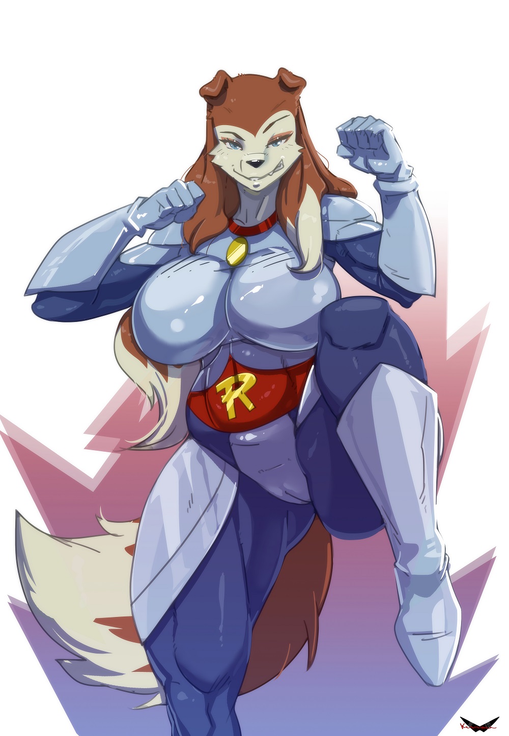 action_pose anthro big_breasts bodysuit boots breasts brown_body brown_fur camel_toe canid canine canis cleavage clothed clothing collar collar_tag colleen collie curvy_figure domestic_dog female fist floppy_ears footwear fur fur_hair gloves handwear herding_dog hi_res kamina1978 mammal pastoral_dog pose raised_arm raised_fist raised_leg road_rovers sheepdog skinsuit solo tan_body tan_fur tight_clothing wide_hips