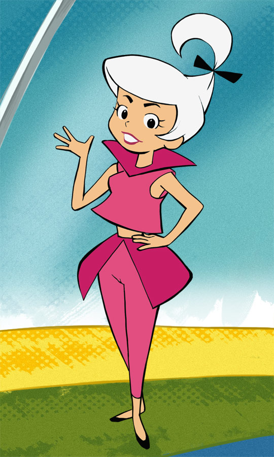 1girl black_footwear bow breasts cameltoe full_body hair_bow haruyama_kazunori high_collar high_ponytail judy_jetson lipstick looking_at_viewer makeup midriff pants skirt smile solo the_jetsons toon_(style) waving white_hair