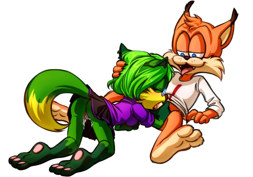 alexis_fox anthro bobcat bodily_fluids bottomwear bubsy bubsy_(series) bubsy_bobcat canid canine clothing cum cum_in_pussy cum_inside duo felid feline female fox genital_fluids lynx male male/female mammal oral skirt toons topazice