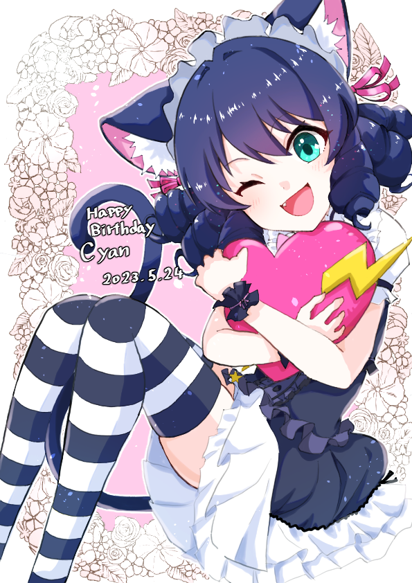 animal_humanoid black_hair blue_eyes blush bracelet cat_humanoid clothing cyan_hijirikawa domestic_cat dress felid felid_humanoid feline feline_humanoid felis female flower hair happy_birthday humanoid jewelry legwear mammal mammal_humanoid one_eye_closed open_mouth pantyhose plant ryouya sanrio sex short_hair shower shower_sex simple_background solo