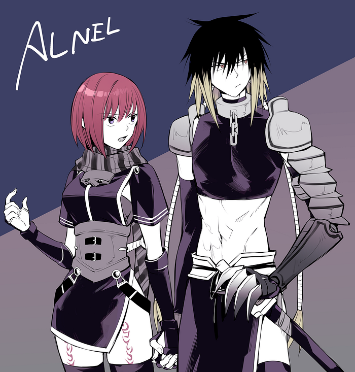 1boy 1girl albel_nox black_thighhighs blonde_hair breasts closed_mouth crop_top gloves grel_(r6hgvu5) holding_hands katana leg_tattoo long_scarf midriff multicolored_hair navel nel_zelpher open_mouth purple_eyes red_hair scarf short_hair skirt star_ocean star_ocean_till_the_end_of_time striped striped_scarf sword tattoo thighhighs weapon