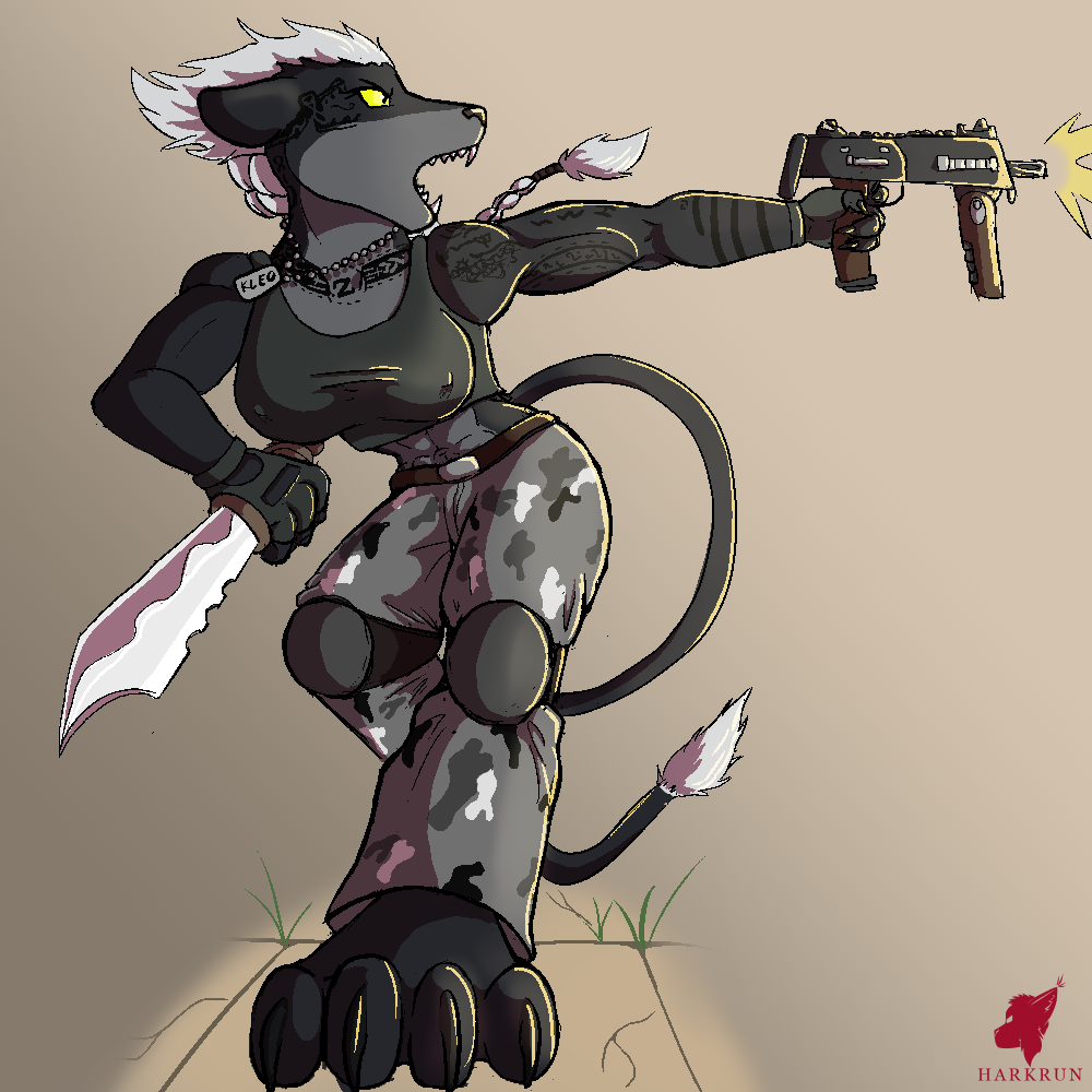 anthro athletic athletic_female battle big_breasts breasts clothing dog_tags female fight gun harkrun knife military muscular muscular_female ranged_weapon shirt shooting_gun solo tank_top topwear weapon