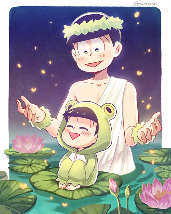 2boys animal_costume bug chibi closed_eyes dual_persona firefly frog_costume green_eyes honest_axe laurel_crown lily_pad male_focus matsuno_choromatsu meoon multiple_boys night night_sky open_mouth osomatsu-san robe sky toga triangle_mouth wading water_lily_flower