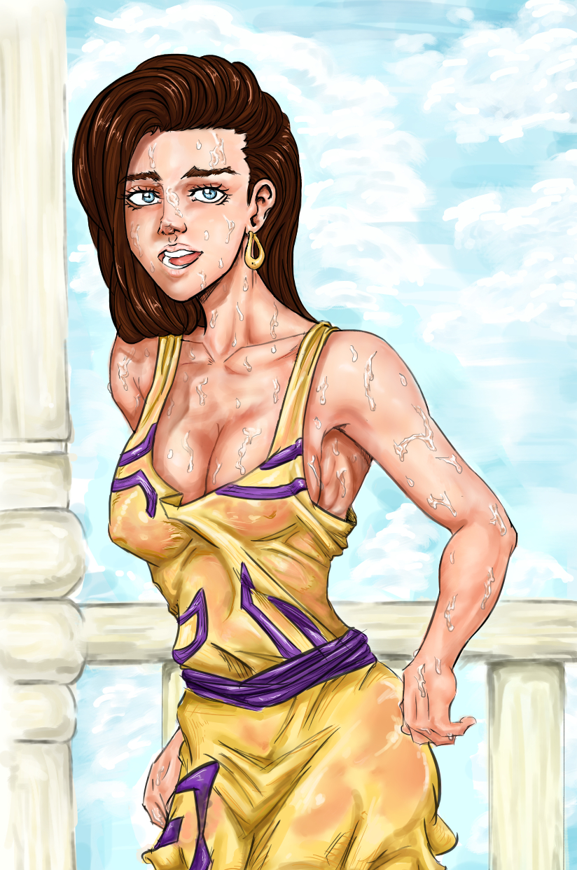 1girl armpits battle_tendency blue_eyes blue_sky breasts brown_hair cleavage cloud cloudy_sky collarbone covered_nipples day dress earrings eyelashes highres hot jewelry jojo_no_kimyou_na_bouken lisa_lisa littleginger mature_female open_mouth railing see-through sky sleeveless small_breasts sweat sweating_profusely sweaty_clothes very_sweaty wet wet_clothes