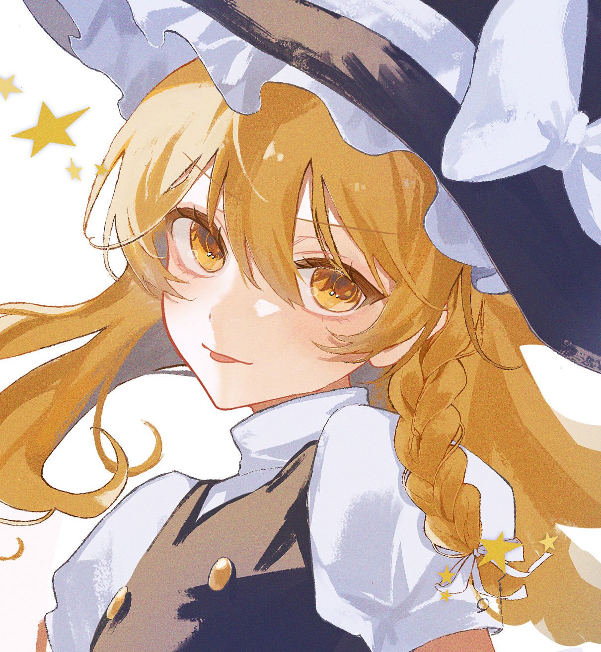 1girl black_headwear black_jacket blonde_hair bow braid hair_bow hat highres jacket kirisame_marisa long_hair looking_at_viewer shirt short_sleeves single_braid solo star_(symbol) tongue tongue_out touhou uzmee white_background white_bow white_shirt witch_hat yellow_eyes yellow_star