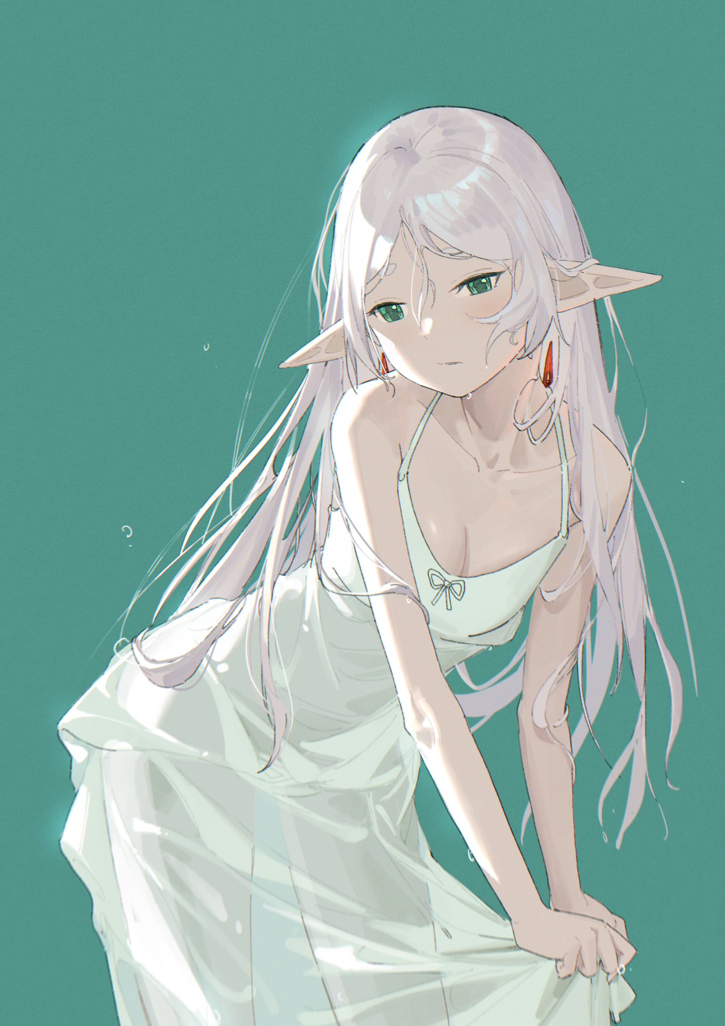 1girl aqua_background bare_arms bare_shoulders breasts cic_tatsumi cleavage closed_mouth collarbone dress dress_tug earrings elf frieren green_eyes highres jewelry leaning_forward long_hair parted_bangs pointy_ears see-through see-through_dress simple_background small_breasts solo sousou_no_frieren spaghetti_strap standing thighs wet wet_clothes wet_dress white_dress white_hair