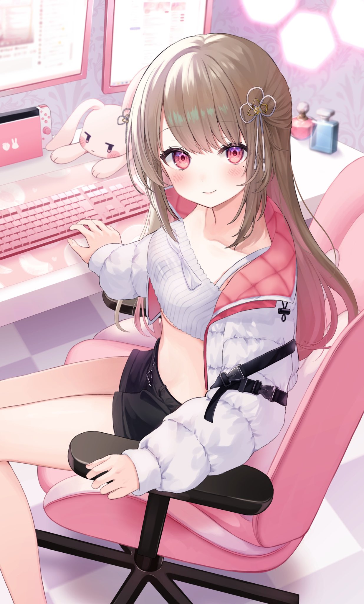 1girl ayaginu_temari black_shorts breasts brown_hair chair closed_mouth colored_inner_hair computer crop_top flower_knot from_above gaming_chair gomamiso_(gomamiso_sp) hair_ribbon highres isekai_tensei_shite_v_ni_narimashita jacket long_hair long_sleeves looking_at_viewer medium_breasts midriff mole mole_under_eye multicolored_hair open_clothes open_jacket pink_theme red_eyes ribbed_shirt ribbon second-party_source shirt short_shorts shorts sitting sleeveless sleeveless_shirt smile solo spaghetti_strap stomach swivel_chair taut_clothes taut_shirt thighs underboob virtual_youtuber white_jacket white_shirt